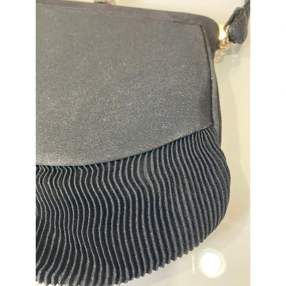 Vintage Black Pleated Clutch Purse Rhinestone Dome Clasp Gold Lining Evening Bag
